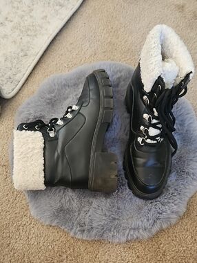 Black Faux-Shearling Platform Lace-Up Boot